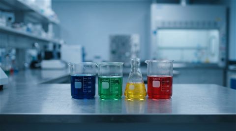 Photorealistic photo of science lab beakers with colorful liquids, centered subject with a simple uncluttered composition, cool blue tones, quiet atmosphere, 16:9 aspect ratio