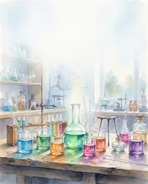 Watercolor illustration of science lab beakers with colorful liquids, wide shot with open space at the top for text, misty morning haze, dreamy, 4:5 aspect ratio