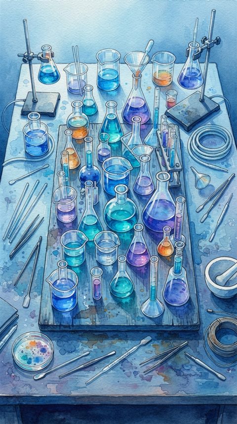 Watercolor illustration of science lab beakers with colorful liquids, high-angle view from above, cool blue tones, quiet atmosphere, 9:16 aspect ratio