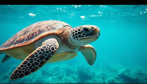 Cinematic film still of A graceful sea turtle swimming smoothly through crystal clear tropical ocean water, close-up detail with shallow depth of field, vivid colors, high contrast, energetic, 16:9 aspect ratio