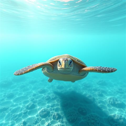 Soft 3D render of A graceful sea turtle swimming smoothly through crystal clear tropical ocean water, wide shot with open space at the top for text, misty morning haze, dreamy, 1:1 aspect ratio