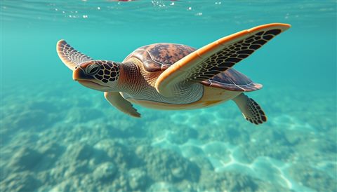 Photorealistic photo of A graceful sea turtle swimming smoothly through crystal clear tropical ocean water, centered subject with a simple uncluttered composition, warm golden light, calm mood, 16:9 aspect ratio