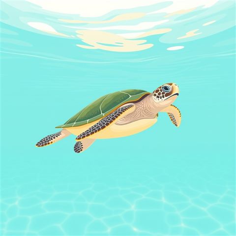 Minimal flat illustration of A graceful sea turtle swimming smoothly through crystal clear tropical ocean water, wide shot with open space at the top for text, soft pastel colors, bright and cozy, 1:1 aspect ratio
