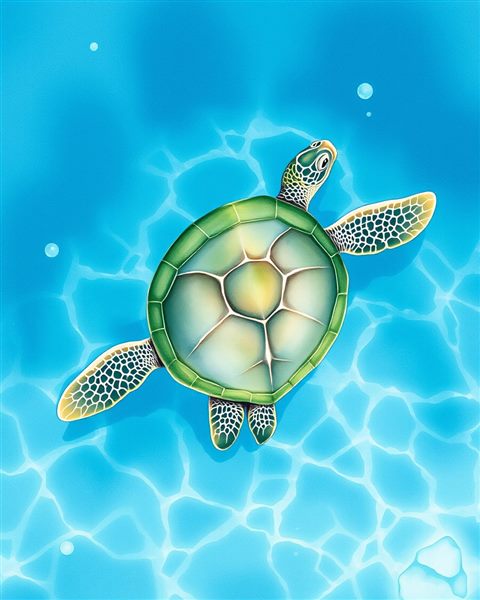 Watercolor illustration of A graceful sea turtle swimming smoothly through crystal clear tropical ocean water, high-angle view from above, cool blue tones, quiet atmosphere, 4:5 aspect ratio