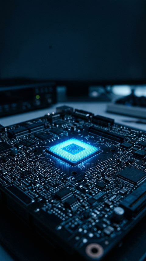 Cinematic film still of a glowing microchip on a circuit board, wide shot with open space at the top for text, cool blue tones, quiet atmosphere, 9:16 aspect ratio
