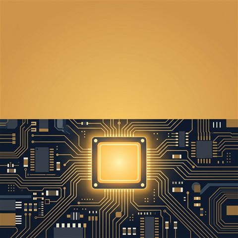 Minimal flat illustration of a glowing microchip on a circuit board, wide shot with open space at the top for text, warm golden light, calm mood, 1:1 aspect ratio