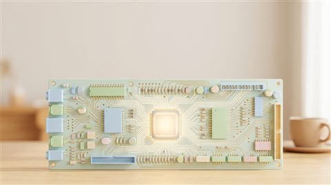 Soft 3d render of a glowing microchip on a circuit board, wide shot with open space at the top for text, soft pastel colors, bright and cozy, 16:9 aspect ratio