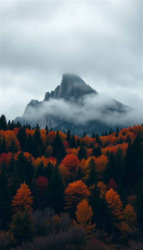 Photorealistic photo of Rugged granite mountain peaks rising above a colorful autumn forest with morning mist., centered subject with a simple uncluttered composition, moody dark tones, dramatic lighting, 9:16 aspect ratio
