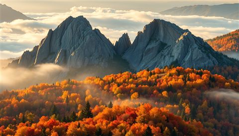 Photorealistic photo of Rugged granite mountain peaks rising above a colorful autumn forest with morning mist., high-angle view from above, warm golden light, calm mood, 16:9 aspect ratio