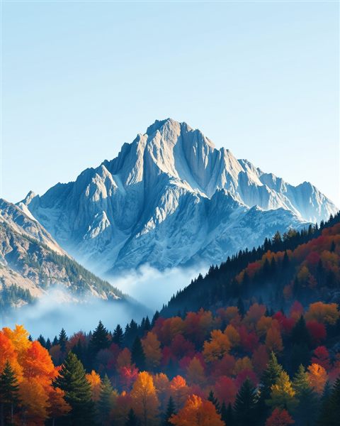 Watercolor illustration of Rugged granite mountain peaks rising above a colorful autumn forest with morning mist., wide shot with open space at the top for text, cool blue tones, quiet atmosphere, 4:5 aspect ratio