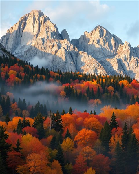 Cinematic film still of Rugged granite mountain peaks rising above a colorful autumn forest with morning mist., wide shot with open space at the top for text, vivid colors, high contrast, energetic, 4:5 aspect ratio