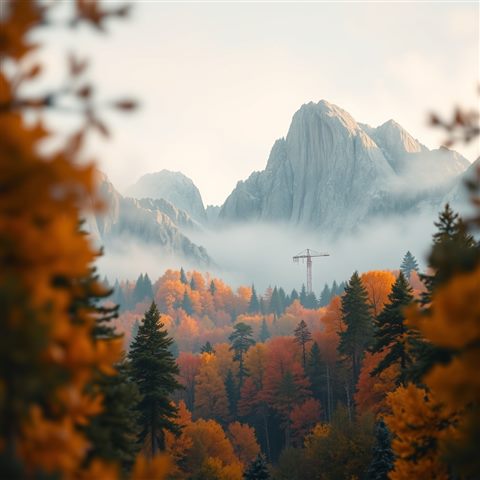 Soft 3D render of Rugged granite mountain peaks rising above a colorful autumn forest with morning mist., close-up detail with shallow depth of field, misty morning haze, dreamy, 1:1 aspect ratio