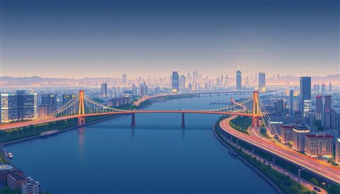Minimal flat illustration of A panoramic night cityscape showing glowing bridges over a wide river and distant skyscrapers., wide shot with open space at the top for text, soft pastel colors, bright and cozy, 16:9 aspect ratio