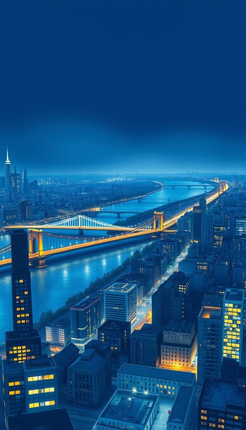 Watercolor illustration of A panoramic night cityscape showing glowing bridges over a wide river and distant skyscrapers., high-angle view from above, cool blue tones, quiet atmosphere, 9:16 aspect ratio