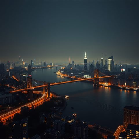 Photorealistic photo of A panoramic night cityscape showing glowing bridges over a wide river and distant skyscrapers., centered subject with a simple uncluttered composition, warm golden light, calm mood, 1:1 aspect ratio