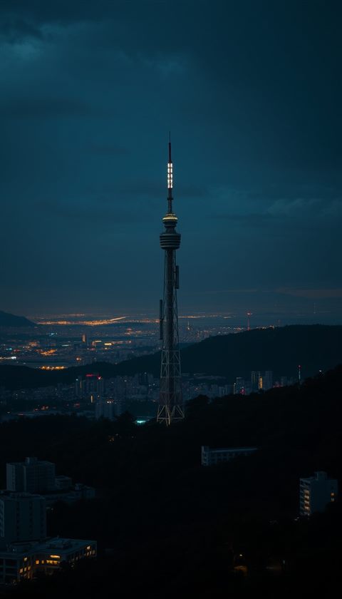 Photorealistic photo of A modern communication tower standing tall on a forested mountain overlooking a sprawling urban skyline at twilight., wide shot with open space at the top for text, moody dark tones, dramatic lighting, 9:16 aspect ratio