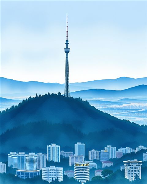 Watercolor illustration of A modern communication tower standing tall on a forested mountain overlooking a sprawling urban skyline at twilight., centered subject with a simple uncluttered composition, cool blue tones, quiet atmosphere, 4:5 aspect ratio