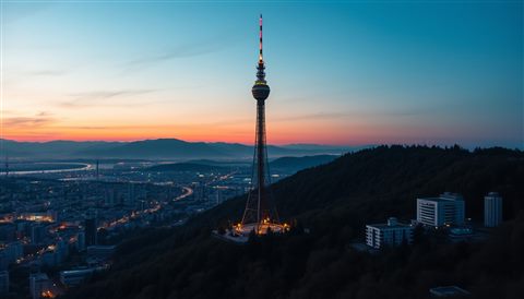 Cinematic film still of A modern communication tower standing tall on a forested mountain overlooking a sprawling urban skyline at twilight., wide shot with open space at the top for text, vivid colors, high contrast, energetic, 16:9 aspect ratio