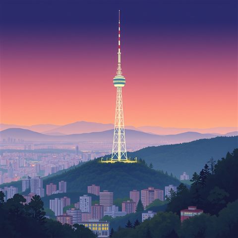 Minimal flat illustration of A modern communication tower standing tall on a forested mountain overlooking a sprawling urban skyline at twilight., high-angle view from above, soft pastel colors, bright and cozy, 1:1 aspect ratio