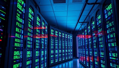 Cinematic film still of A high-tech server room with rows of racks flashing blue and green LED lights., wide shot with open space at the top for text, vivid colors, high contrast, energetic, 16:9 aspect ratio