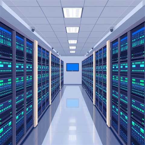 Minimal flat illustration of A high-tech server room with rows of racks flashing blue and green LED lights., high-angle view from above, soft pastel colors, bright and cozy, 1:1 aspect ratio