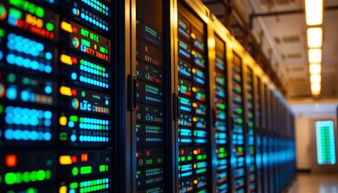 Photorealistic photo of A high-tech server room with rows of racks flashing blue and green LED lights., close-up detail with shallow depth of field, warm golden light, calm mood, 16:9 aspect ratio