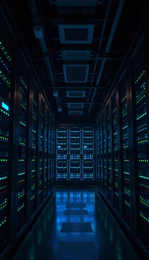 Photorealistic photo of A high-tech server room with rows of racks flashing blue and green LED lights., wide shot with open space at the top for text, moody dark tones, dramatic lighting, 9:16 aspect ratio