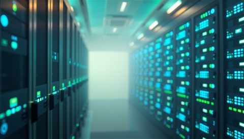 Soft 3D render of A high-tech server room with rows of racks flashing blue and green LED lights., close-up detail with shallow depth of field, misty morning haze, dreamy, 16:9 aspect ratio