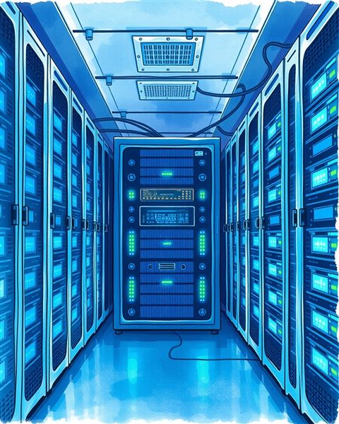 Watercolor illustration of A high-tech server room with rows of racks flashing blue and green LED lights., centered subject with a simple uncluttered composition, cool blue tones, quiet atmosphere, 4:5 aspect ratio