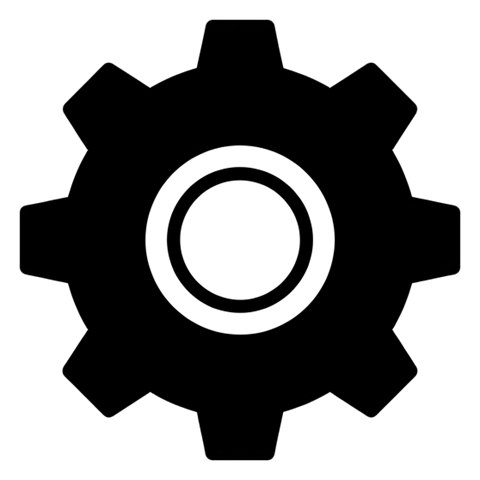Bold black glyph icon, solid filled silhouette of a gear settings icon, transparent background PNG