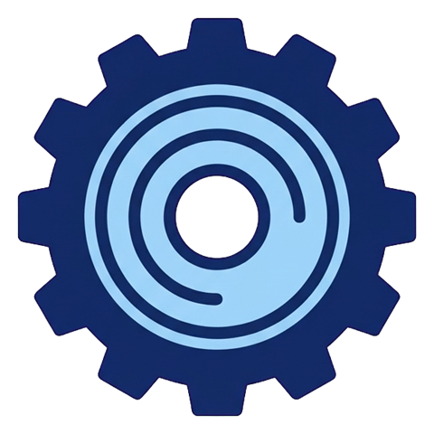 Duotone icon, navy blue and light blue of a gear settings icon, transparent background PNG
