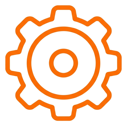 Rounded line icon, thick orange outline of a gear settings icon, transparent background PNG