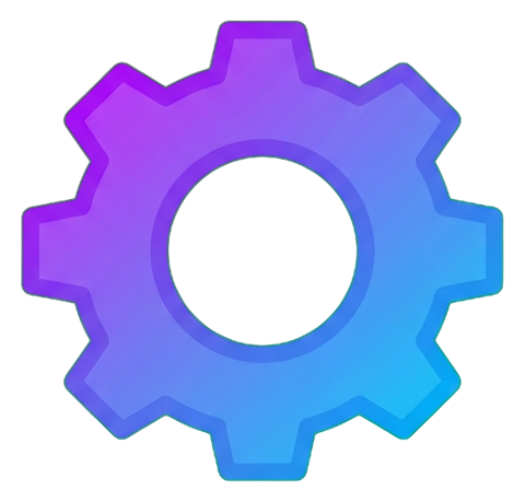 Gradient app-style icon, purple to blue gradient of a gear settings icon, transparent background PNG