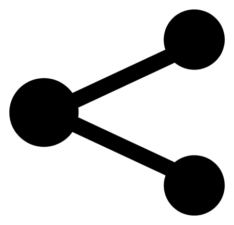 Bold black glyph icon, solid filled silhouette of a share icon with three connected dots, transparent background PNG
