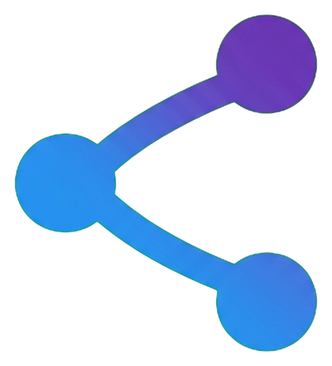 Gradient app-style icon, purple to blue gradient of a share icon with three connected dots, transparent background PNG