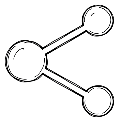 Cute hand-drawn doodle icon, black pen of a share icon with three connected dots, transparent background PNG