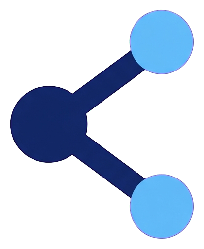 Duotone icon, navy blue and light blue of a share icon with three connected dots, transparent background PNG