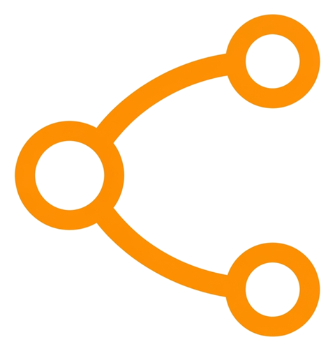Rounded line icon, thick orange outline of a share icon with three connected dots, transparent background PNG