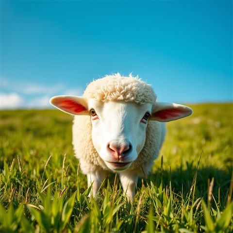 Photorealistic photo of A fluffy white sheep peacefully grazing on a lush green meadow under a bright blue sky., close-up detail with shallow depth of field, warm golden light, calm mood, 1:1 aspect ratio
