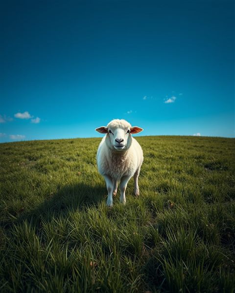 Photorealistic photo of A fluffy white sheep peacefully grazing on a lush green meadow under a bright blue sky., wide shot with open space at the top for text, moody dark tones, dramatic lighting, 4:5 aspect ratio