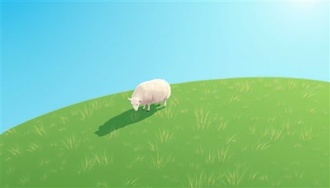 Minimal flat illustration of A fluffy white sheep peacefully grazing on a lush green meadow under a bright blue sky., high-angle view from above, soft pastel colors, bright and cozy, 16:9 aspect ratio