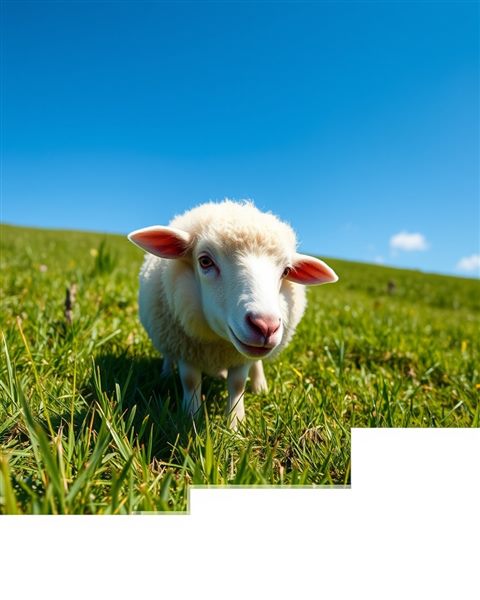 Cinematic film still of A fluffy white sheep peacefully grazing on a lush green meadow under a bright blue sky., wide shot with open space at the top for text, vivid colors, high contrast, energetic, 4:5 aspect ratio
