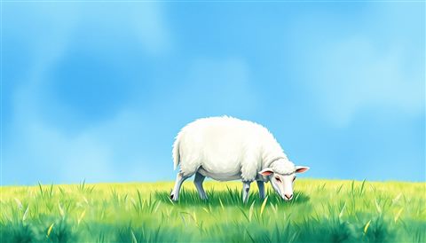 Watercolor illustration of A fluffy white sheep peacefully grazing on a lush green meadow under a bright blue sky., centered subject with a simple uncluttered composition, cool blue tones, quiet atmosphere, 16:9 aspect ratio
