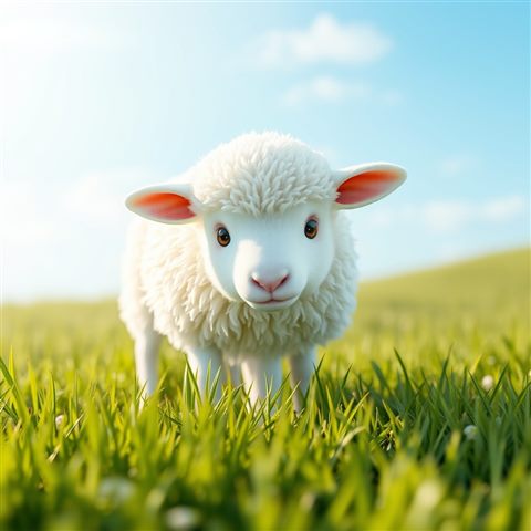 Soft 3D render of A fluffy white sheep peacefully grazing on a lush green meadow under a bright blue sky., close-up detail with shallow depth of field, misty morning haze, dreamy, 1:1 aspect ratio