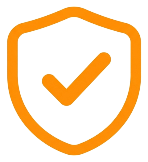Rounded line icon, thick orange outline of a security shield icon with a check, transparent background PNG