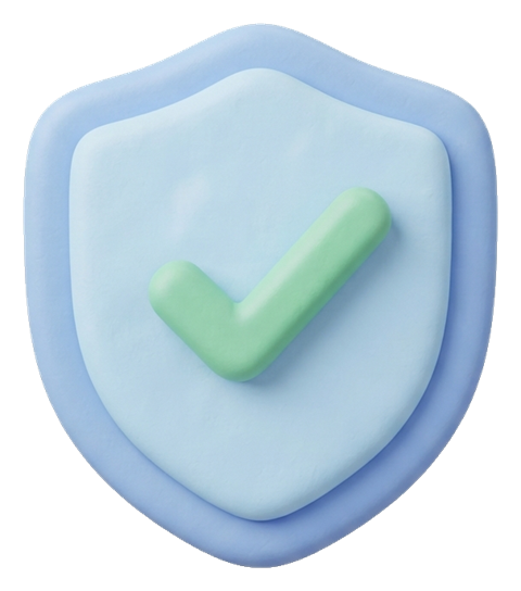 Soft 3D icon, pastel clay render of a security shield icon with a check, transparent background PNG
