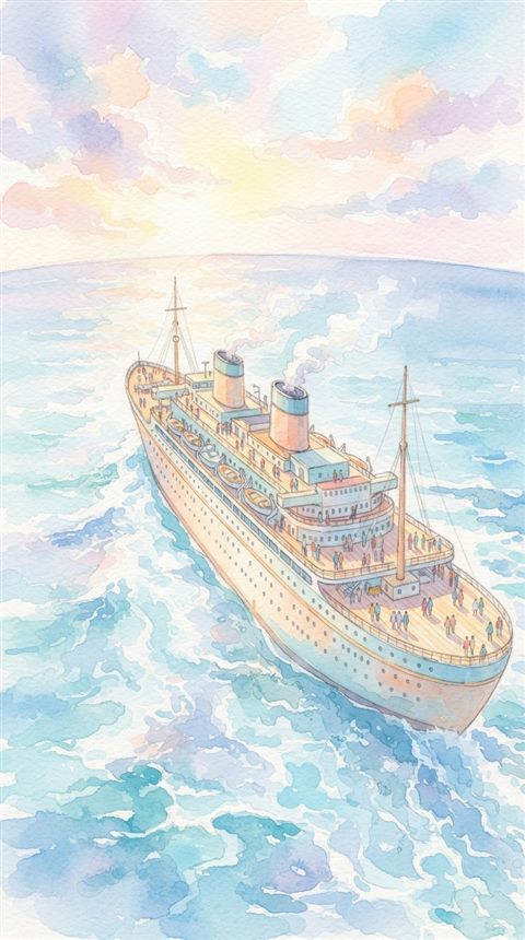 Watercolor illustration of a large ship on the open sea, high-angle view from above, soft pastel colors, bright and cozy, 9:16 aspect ratio