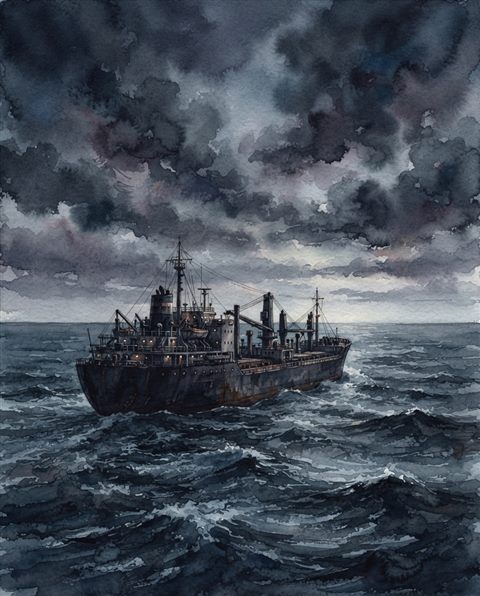 Watercolor illustration of a large ship on the open sea, wide shot with open space at the top for text, moody dark tones, dramatic lighting, 4:5 aspect ratio
