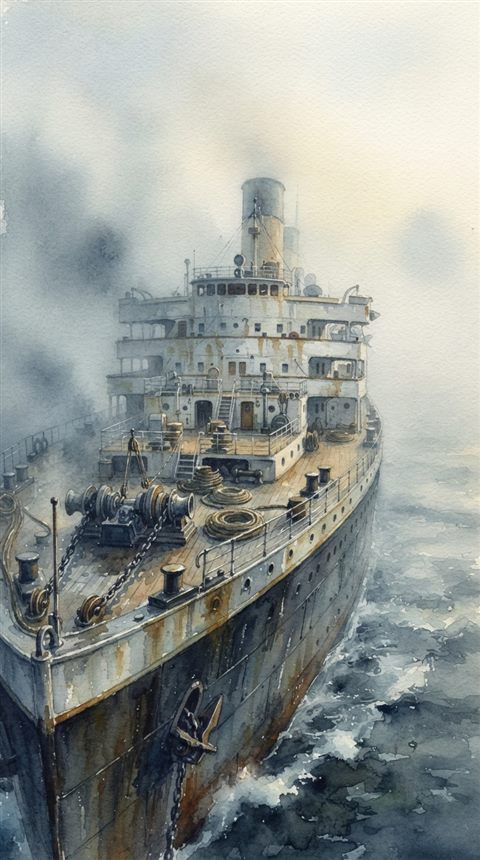 Watercolor illustration of a large ship on the open sea, close-up detail with shallow depth of field, misty morning haze, dreamy, 9:16 aspect ratio