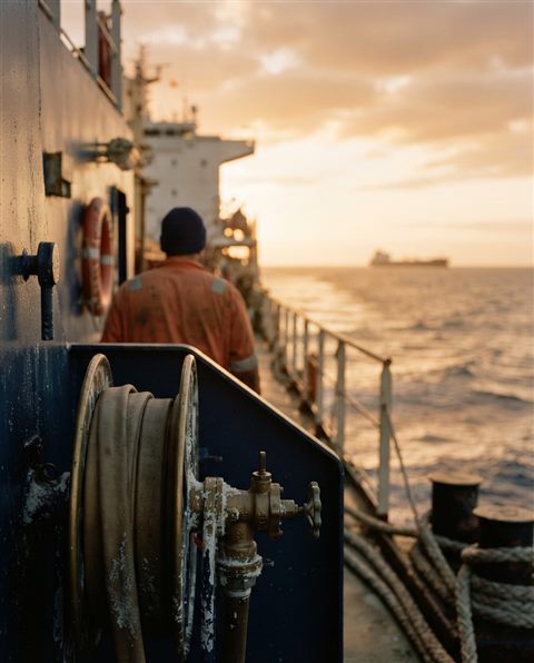 Cinematic film still of a large ship on the open sea, close-up detail with shallow depth of field, warm golden light, calm mood, 4:5 aspect ratio